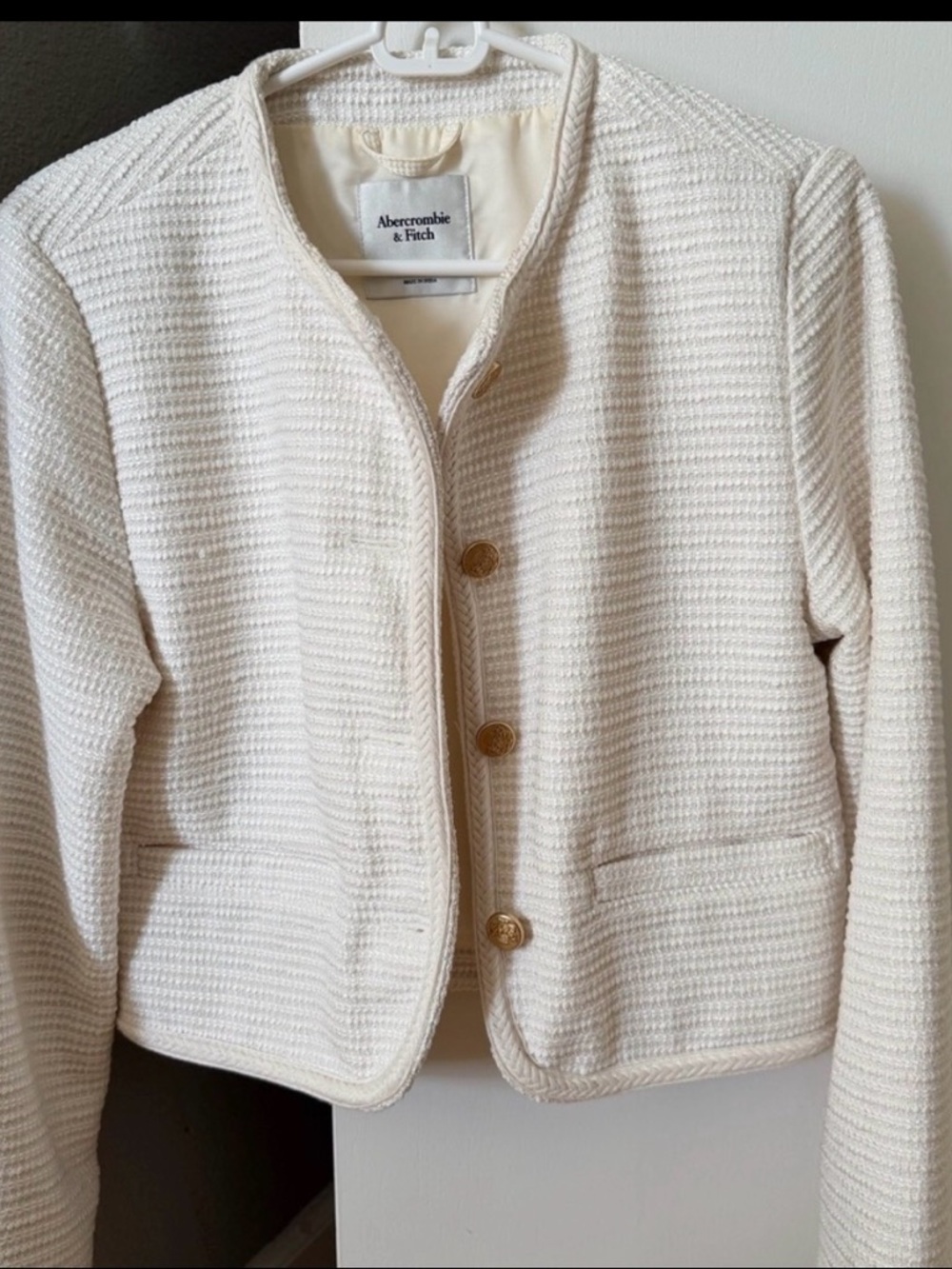 Abercrombie & Fitch Cream Textured Button-Front Blazer Jacket